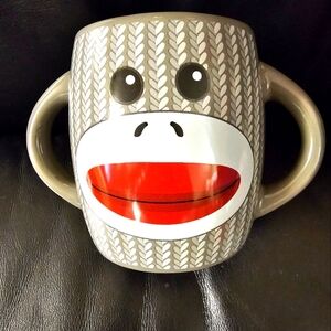 Double Handle Gray Knit Sweater Sock Monkey Mug EUC